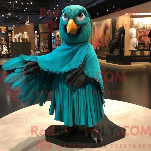Costume De Mascotte Redbrokoly De Corbeau Turquoise Habillé D Une Jupe Portefeuille Et De Coussinets De Pieds
