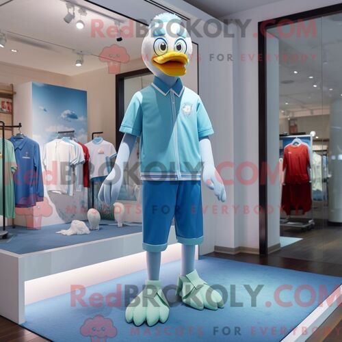 Costume De Mascotte Redbrokoly Sky Blue Goose Habillé Avec Un T-Shirt Graphique Et Des Bracelets De Cheville