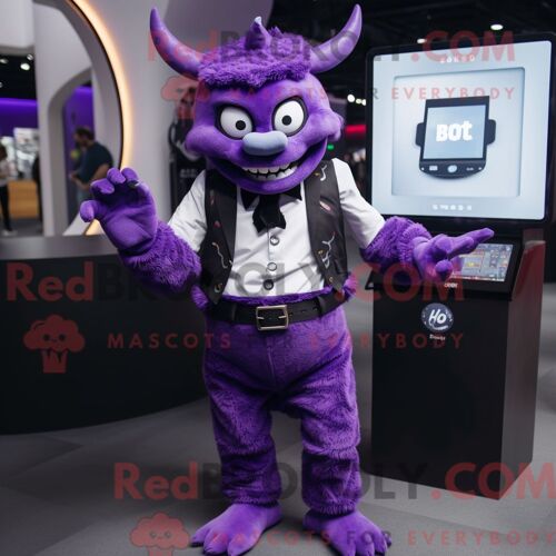 Personnage De Costume De Mascotte Redbrokoly De Diable Violet Habillé D Un Gilet Et De Montres Numériques