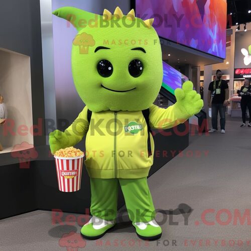 Personnage De Costume De Mascotte Redbrokoly Pop Corn Vert Citron Habillé Avec Un Sweat-Shirt Et Des Sacs À Dos
