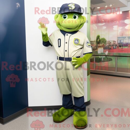 Costume De Mascotte Redbrokoly De Soldat De La Marine Vert Citron Habillé Avec Un T-Shirt De Baseball Et Des Bracelets
