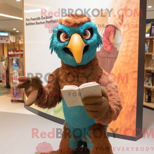 Costume Mascotte Redbrokoly D Ara Marron Habillé D Un Débardeur Et De Lunettes De Lecture