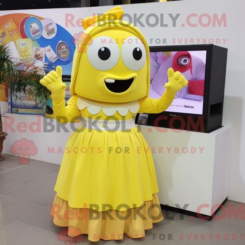 Personnage De Costume De Mascotte Redbrokoly D Appareil Photo Jaune Citron Habillé Avec Une Jupe Trapèze Et Des Gants
