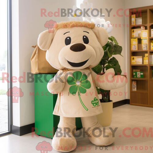 Personnage De Costume De Mascotte Redbrokoly De Trèfle À Quatre Feuilles Beige Habillé D Un Gilet Et De Sacs Fourre-Tout