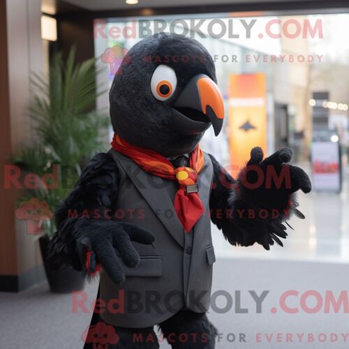 Costume Mascotte Redbrokoly De Perroquet Noir Personnage Habillé Avec Un Pantalon De Costume Et Des Mitaines