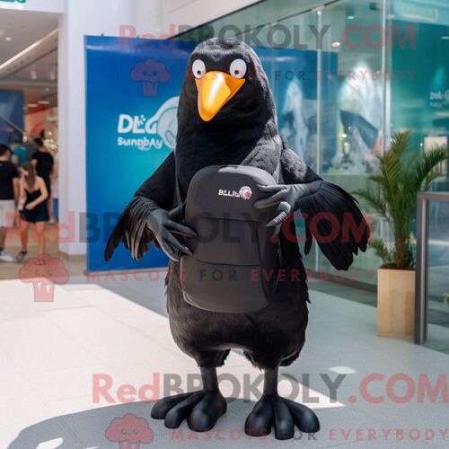 Costume Mascotte Redbrokoly D Albatros Noir Personnage Habillé Avec Un Maillot De Bain Une Pièce Et Des Sacs À Dos