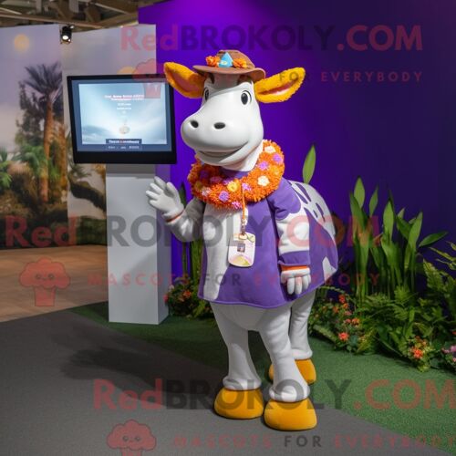 Costume De Mascotte Redbrokoly De Vache Violette De Guernesey Habillé D Un Jean Bootcut Et D Un Porte-Monnaie