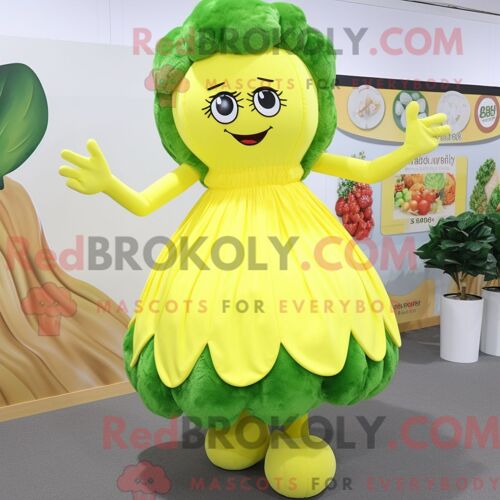Costume Mascotte Redbrokoly De Brocoli Jaune Citron Habillé D Une Jupe Plissée Et D Anneaux