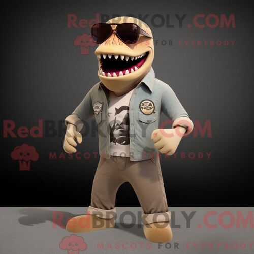 Costume De Mascotte Redbrokoly De Megalodon Beige Personnage Habillé Avec Un Jegging Et Des Lunettes De Soleil