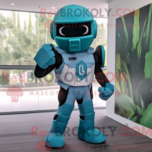 Costume De Mascotte Redbrokoly De Soldat Spartiate Bleu Sarcelle Habillé Avec Un Blazer Et Des Sacs À Dos