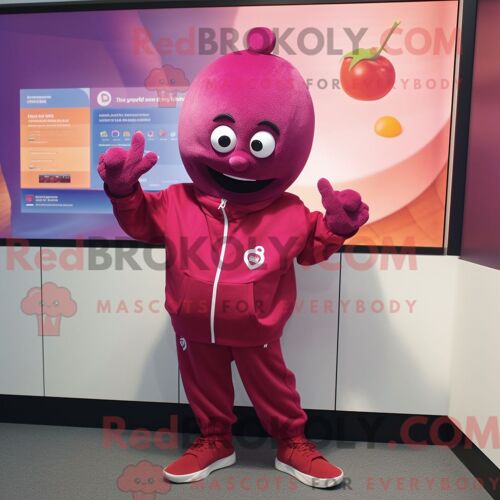 Costume Mascotte Redbrokoly De Personnage Magenta Plum Habillé D Un Sweat Et De Boutons De Manchette