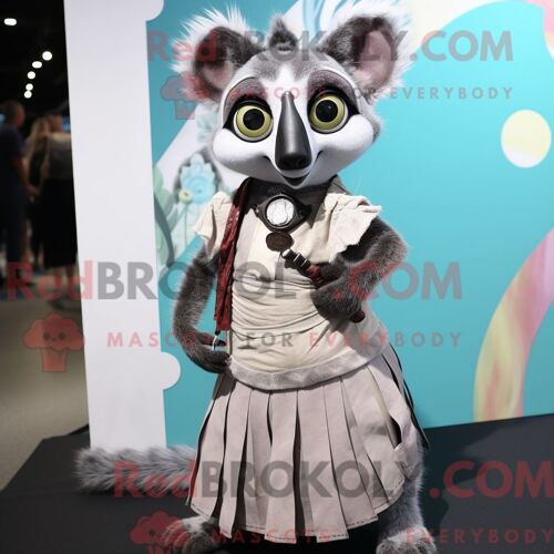 Costume Mascotte Redbrokoly De Lémurien Gris Habillé D Une Jupe Portefeuille Et De Bretelles