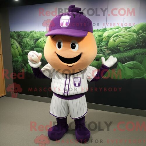 Personnage De Costume De Mascotte Redbrokoly De Navet Violet Habillé Avec Un T-Shirt De Baseball Et Des Bandeaux