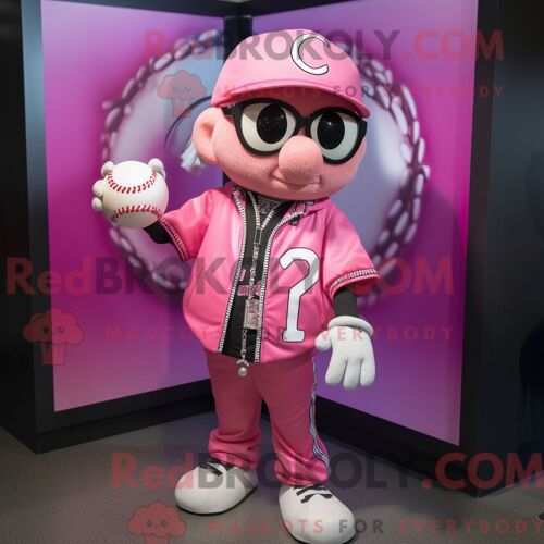 Costume De Mascotte Redbrokoly De Balle De Baseball Rose Personnage Habillé D Une Veste En Cuir Et De Colliers