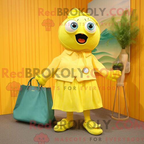 Costume De Mascotte Redbrokoly De Saumon Jaune Citron Habillé Avec Une Jupe-Culotte Et Des Sacs À Main