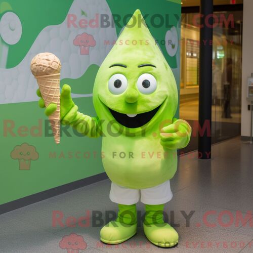 Personnage De Costume De Mascotte Redbrokoly De Cornet De Crème Glacée Vert Citron Habillé Avec Une Chemise Et Des Écharpes En Popeline