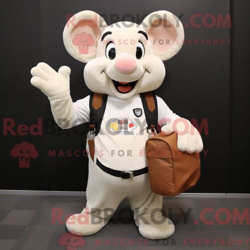 Costume Mascotte Redbrokoly De Souris Crème Personnage Habillé Avec Un Débardeur Et Des Porte-Documents