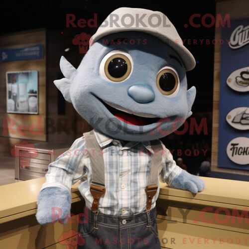 Costume Mascotte Redbrokoly De Morue Grise Habillé D Une Chemise En Chambray Et De Boucles D Oreilles