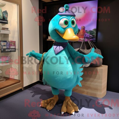 Personnage De Costume De Mascotte Redbrokoly D Oiseau Dodo Bleu Sarcelle Habillé Avec Une Mini-Jupe Et Des Sacs Fourre-Tout