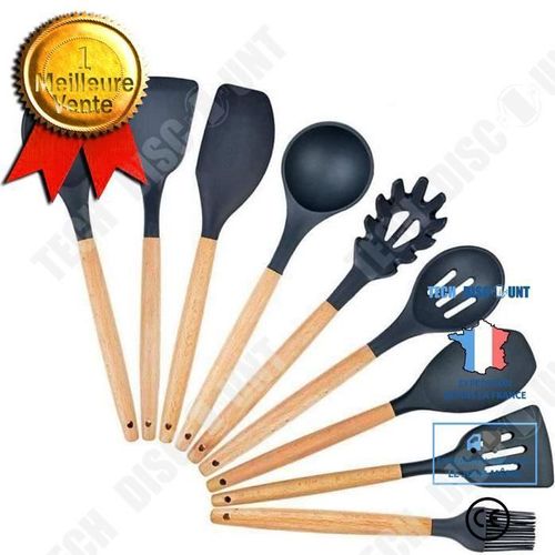 Td® Ensemble Ustensiles De Cuisine En Silicone, Résistant À La Chaleur 9 Pièces Outils De Cuisson Avec Manche En Bois Dur