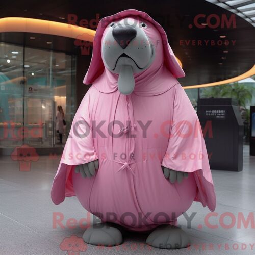 Costume De Mascotte Redbrokoly De Morse Rose Habillé D Un Imperméable Et De Châles