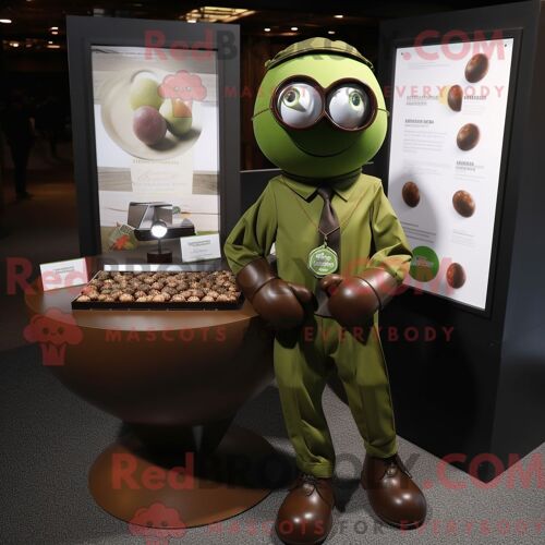 Costume De Mascotte Redbrokoly Olive Chocolates Habillé D Un T-Shirt Graphique Et De Boutons De Manchette