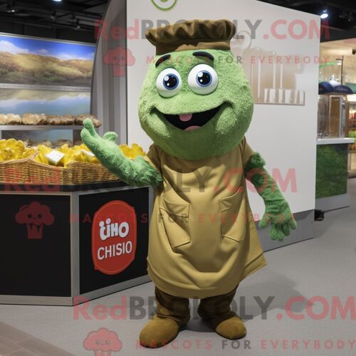 Personnage De Costume De Mascotte Redbrokoly Olive Fish And Chips Habillé Avec Un Short Cargo Et Des Gants