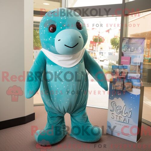 Costume De Mascotte Redbrokoly De Vache De Mer De Stellar Bleu Sarcelle Habillé Avec Une Robe Droite Et Des Foulards