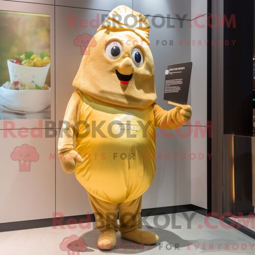 Personnage De Costume De Mascotte Redbrokoly De Pomme De Terre Dorée Habillé D Une Robe Fourreau Et De Mitaines