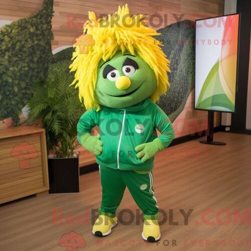 Costume Mascotte Redbrokoly De Citron Vert Forêt Personnage Habillé Avec Un Pantalon De Jogging Et Des Pinces À Cheveux