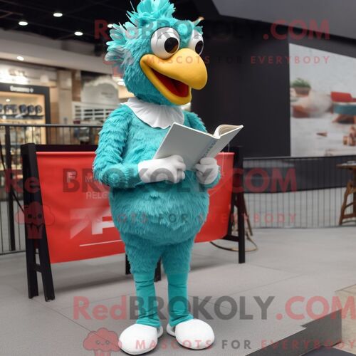 Costume De Mascotte Redbrokoly De Poulet Frit Turquoise Personnage Habillé D Un Jean Skinny Et De Lunettes De Lecture
