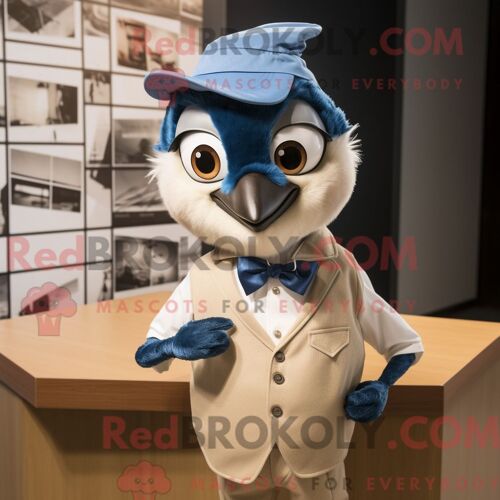 Costume De Mascotte Redbrokoly De Geai Bleu Beige Personnage Habillé D Une Chemise Oxford Et D Épingles À Cravate