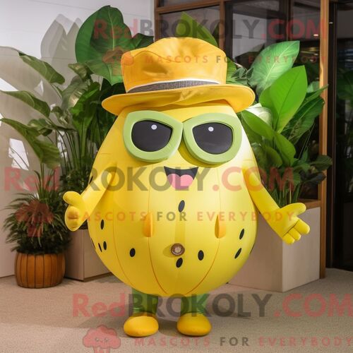 Costume Mascotte Redbrokoly De Melon Jaune Personnage Habillé D Un Bikini Et De Pochettes De Costume