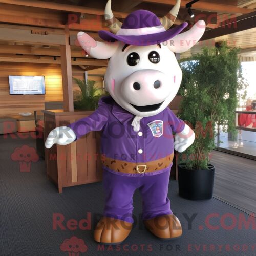 Costume De Mascotte Redbrokoly De Vache Violette Habillé D Un Pantalon Et De Bonnets En Velours Côtelé