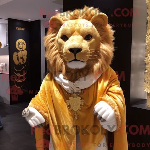 Costume Mascotte Redbrokoly De Lion D Or Habillé D Un Blazer Et De Châles