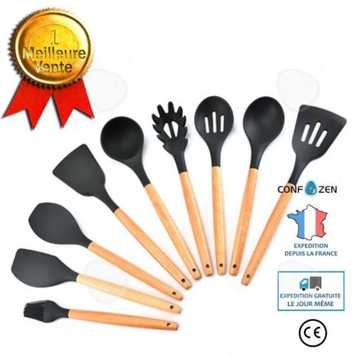 Confo Ensemble Ustensiles De Cuisine En Silicone, Résistant À La Chaleur 9 Pièces Outils De Cuisson Avec Manche En Bois Dur