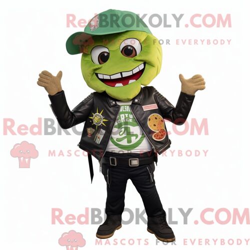 Costume Mascotte Redbrokoly De Nachos Verts Personnage Habillé D Une Veste De Motard Et De Bretelles