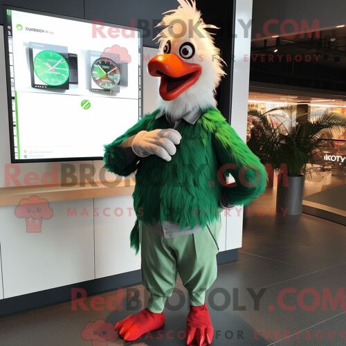 Costume Mascotte Redbrokoly De Coq Vert Habillé D Un Cardigan Et De Montres Numériques