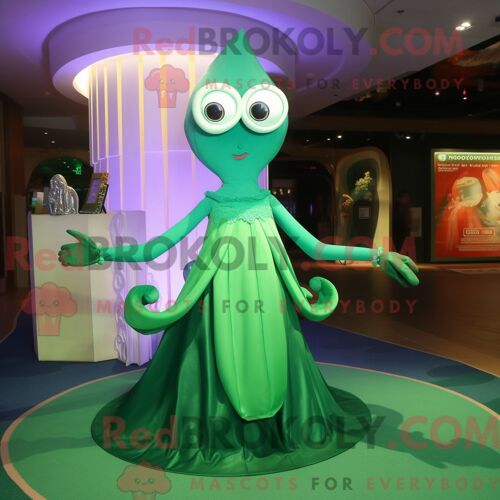 Costume De Mascotte Redbrokoly De Calmar Vert Habillé D Une Robe De Soirée Et De Sacs À Main