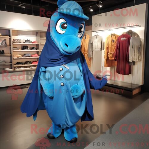 Costume De Mascotte Redbrokoly De Fer À Cheval Bleu Personnage Habillé Avec Une Barboteuse Et Des Épingles De Châle