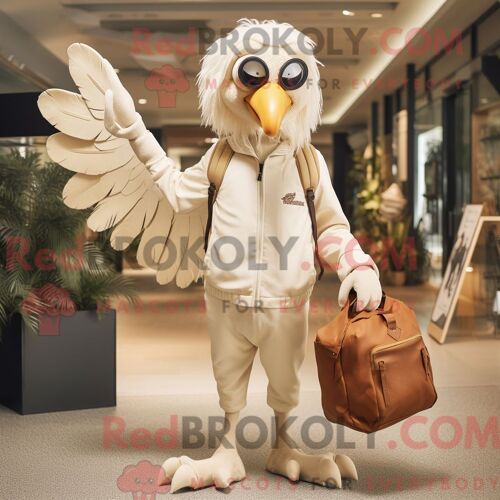 Costume De Mascotte Redbrokoly D Archeopteryx Crème Personnage Habillé D Un Coupe-Vent Et De Sacs À Main