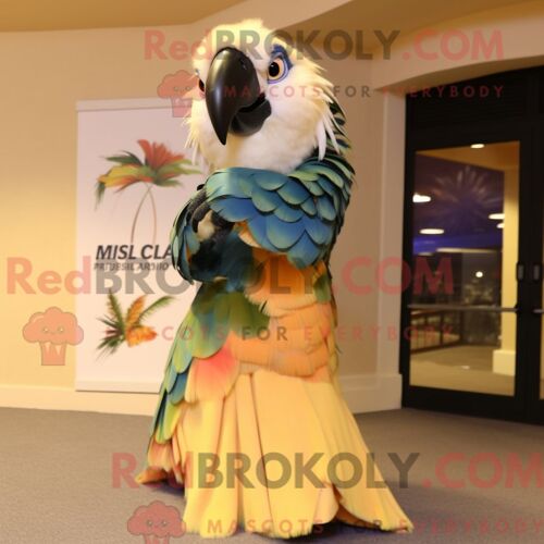 Costume Mascotte Redbrokoly D Ara Beige Personnage Habillé D Une Robe De Soirée Et De Pinces À Cheveux
