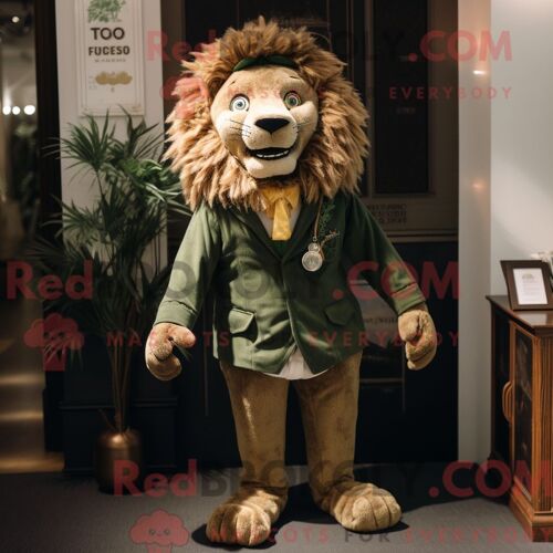 Costume De Mascotte Redbrokoly De Lion Olive Habillé D Un Gilet Et D Épingles À Châle