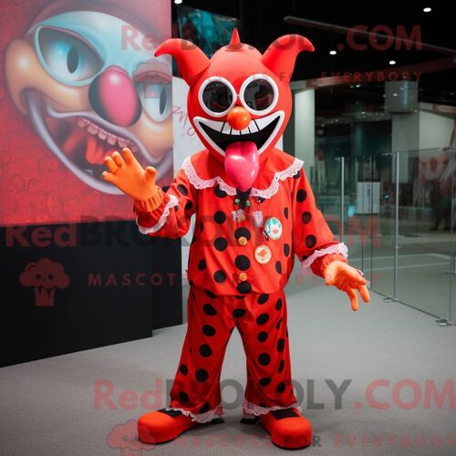 Costume De Mascotte Redbrokoly De Clown Maléfique Rouge Habillé Avec Une Barboteuse Et Des Lunettes De Soleil