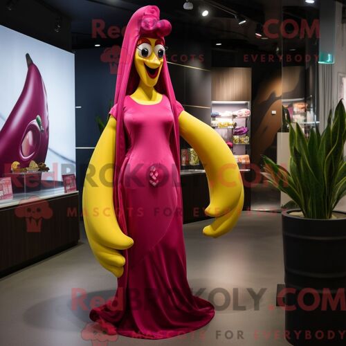 Personnage De Costume De Mascotte Redbrokoly De Bae Magenta Habillé Avec Une Robe De Soirée Et Des Sacs À Main