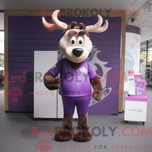 Personnage De Costume De Mascotte Redbrokoly De Renne Violet Habillé Avec Un T-Shirt À Manches Longues Et Des Porte-Documents