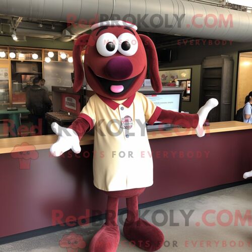 Personnage De Costume De Mascotte Redbrokoly De Hot-Dog Marron Habillé Avec Une Chemise Boutonnée Et Des Bracelets De Cheville