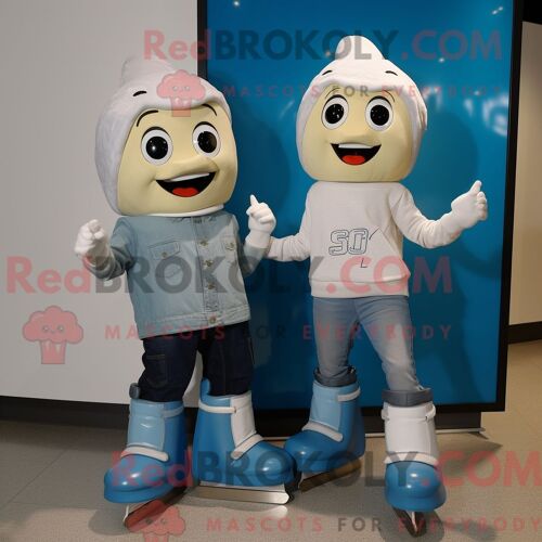 Costume De Mascotte Redbrokoly De Paire De Patins À Glace Crème Habillé Avec Un Jean Boyfriend Et Des Sacs À Main