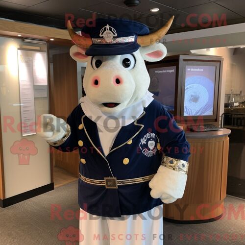Costume De Mascotte Redbrokoly De Vache Hereford Bleu Marine Personnage Habillé D Une Combinaison Et D Épingles À Châle