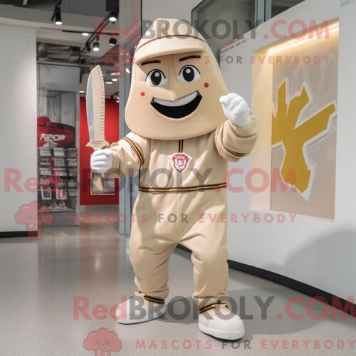 Mascotte Redbrokoly De Lanceur De Couteaux Beige Costume De Personnage Habillé Avec Un Coupe-Vent Et Des Porte-Clés